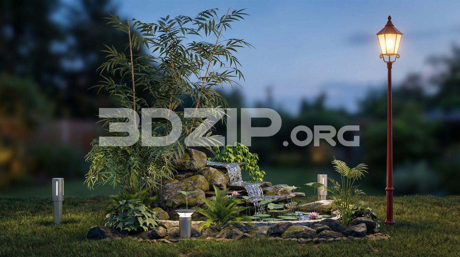 Garden Design Render Waterfall, Pond, Bamboo and Street Lamp Visualization — preview 1 (3dzip)