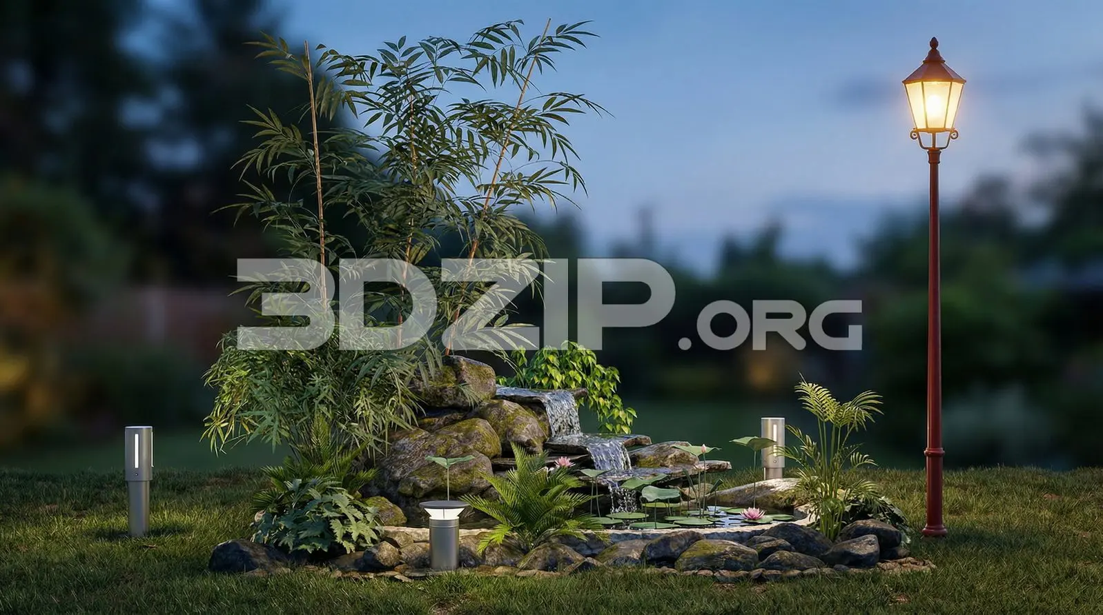 Garden Design Render Waterfall, Pond, Bamboo and Street Lamp Visualization — preview 1 (3dzip)