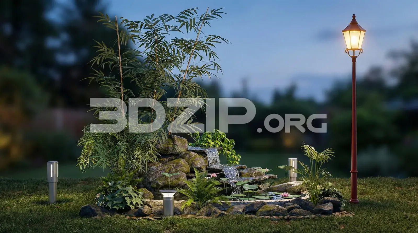 Garden Design Render Waterfall, Pond, Bamboo and Street Lamp Visualization