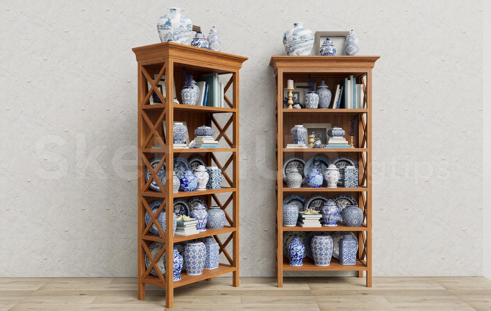 Traditional Asian Ceramic Display Wooden Cabinet