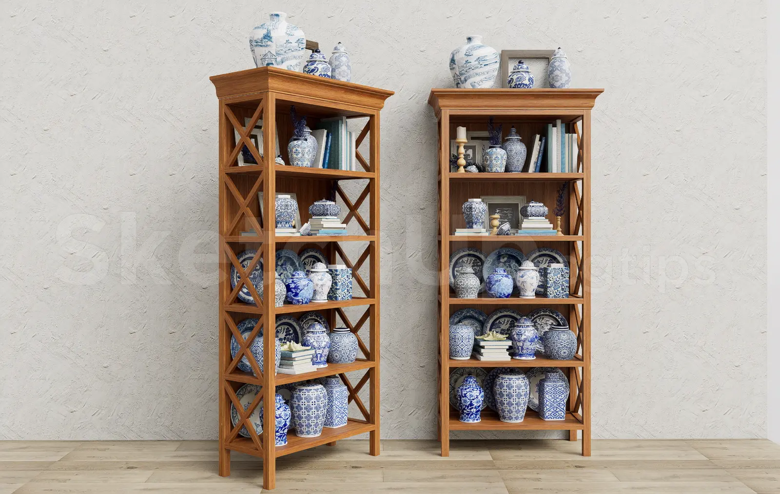 Traditional Asian Ceramic Display Wooden Cabinet