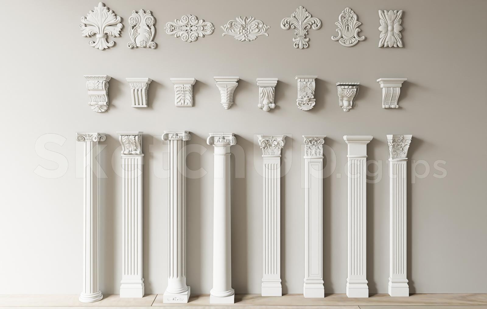 Neoclassical Roman Columns, Corbels & Wall Reliefs Set