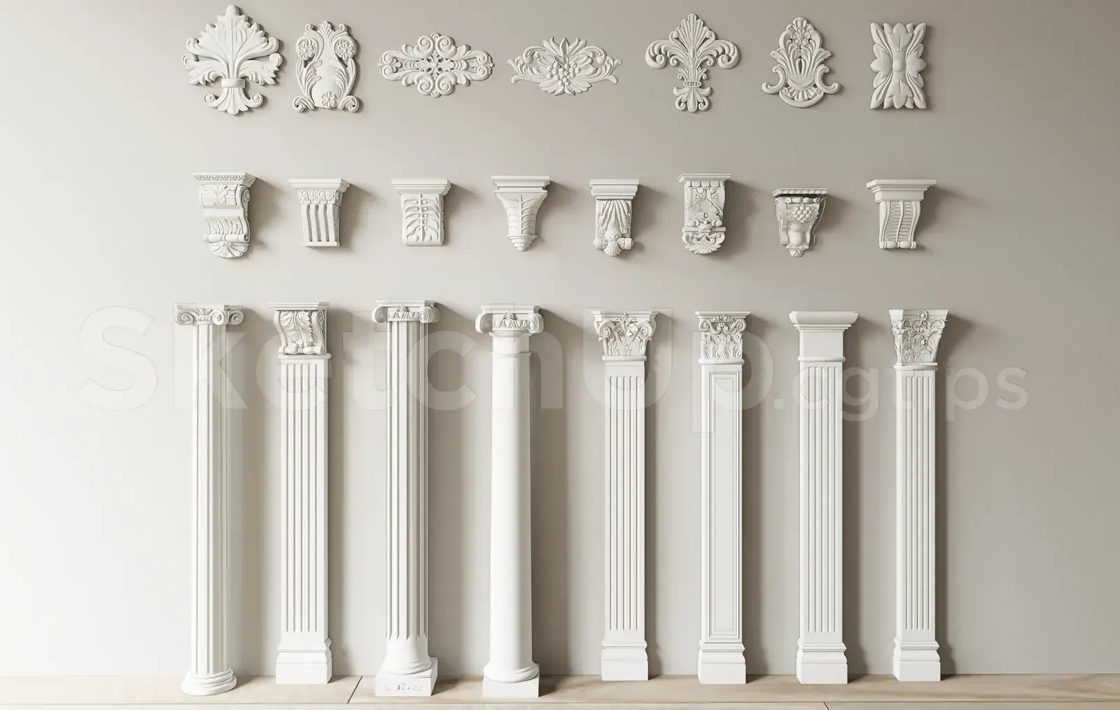 Neoclassical Roman Columns, Corbels & Wall Reliefs Set