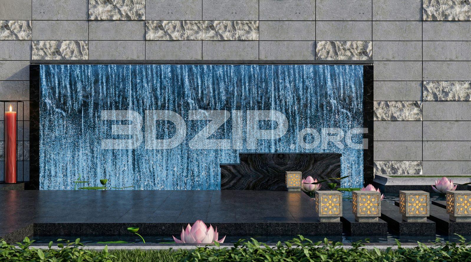 Zen Garden Waterfall Wall with Lotus Pond and Stone Lanterns – Render