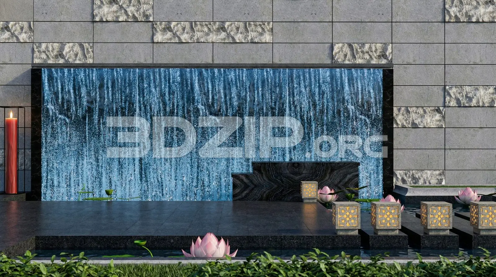 Zen Garden Waterfall Wall with Lotus Pond and Stone Lanterns – Render