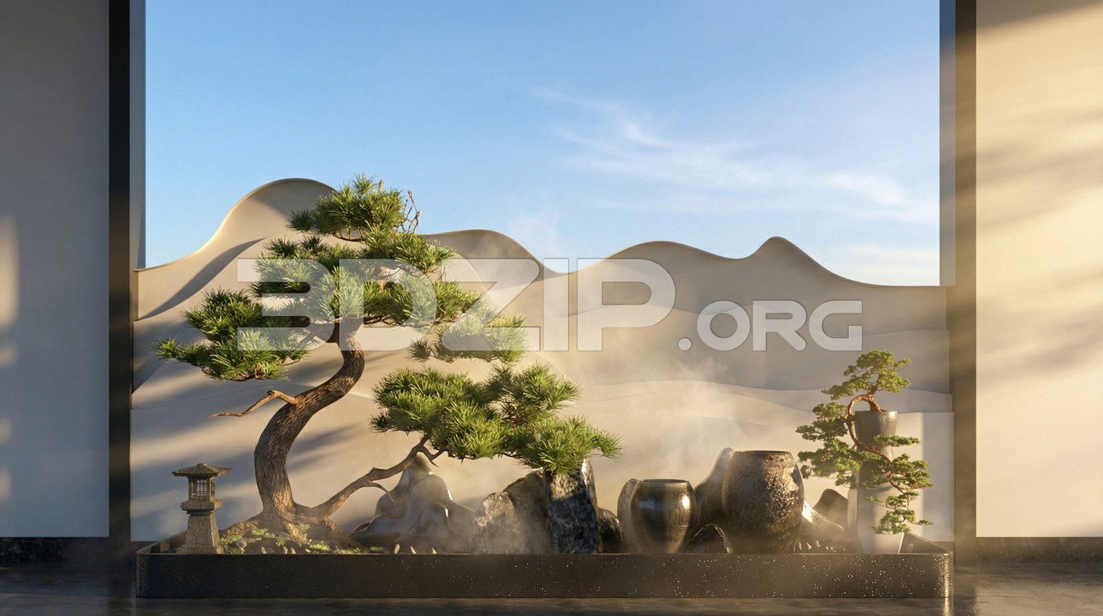 Modern Japanese Zen Interior Garden 3D Scene – Render