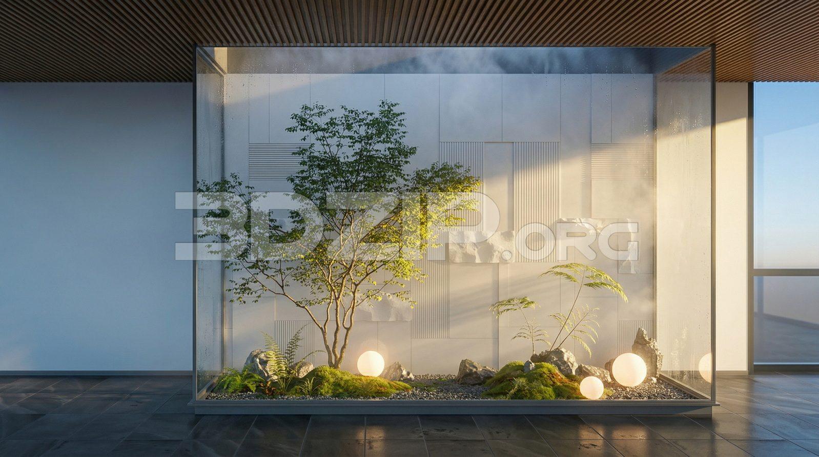Interior Visualization Minimalist Zen Garden with Glass Enclosure
