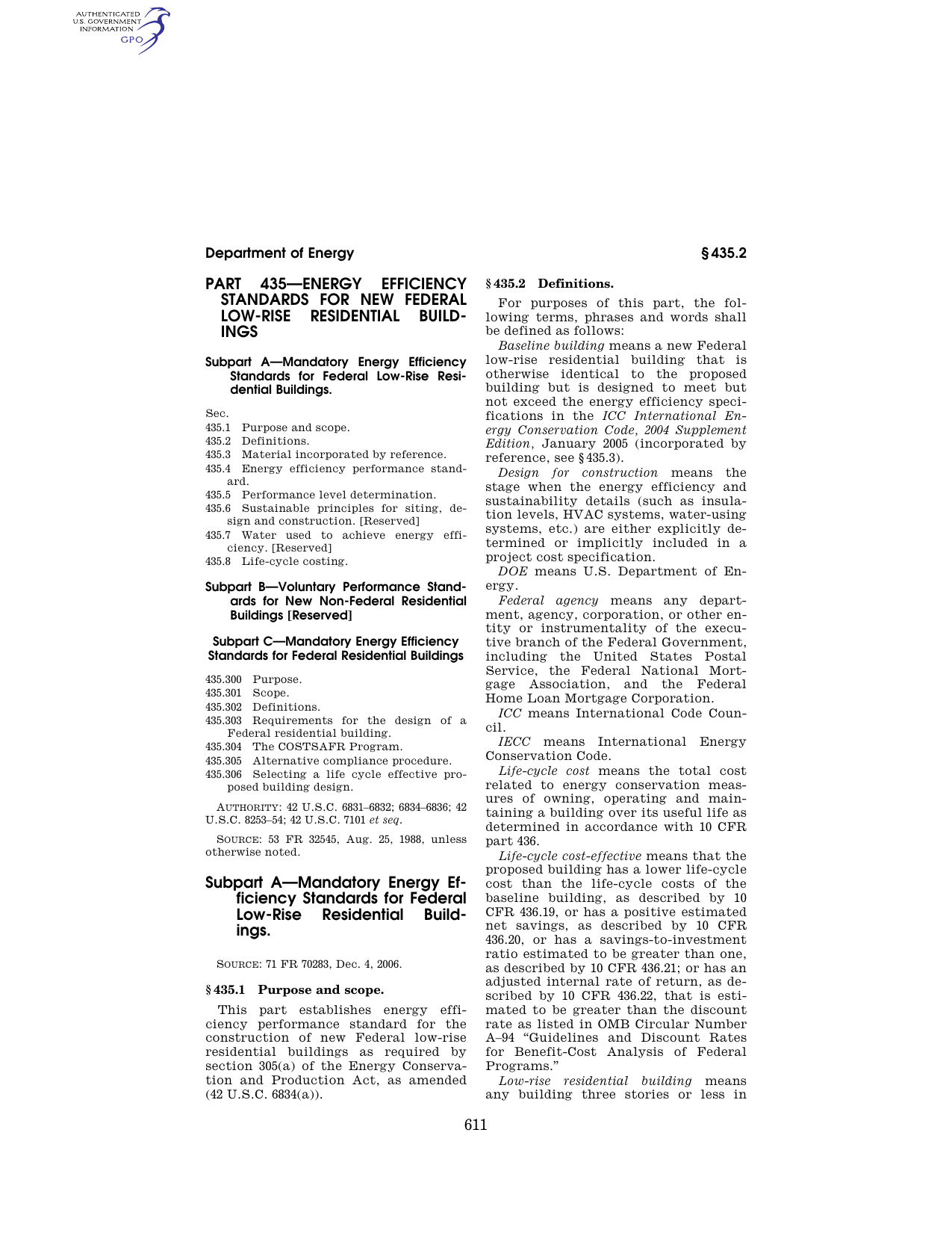 10 CFR Part 435: Energy Efficiency Standards for New Federal Low-Rise Residential Buildings