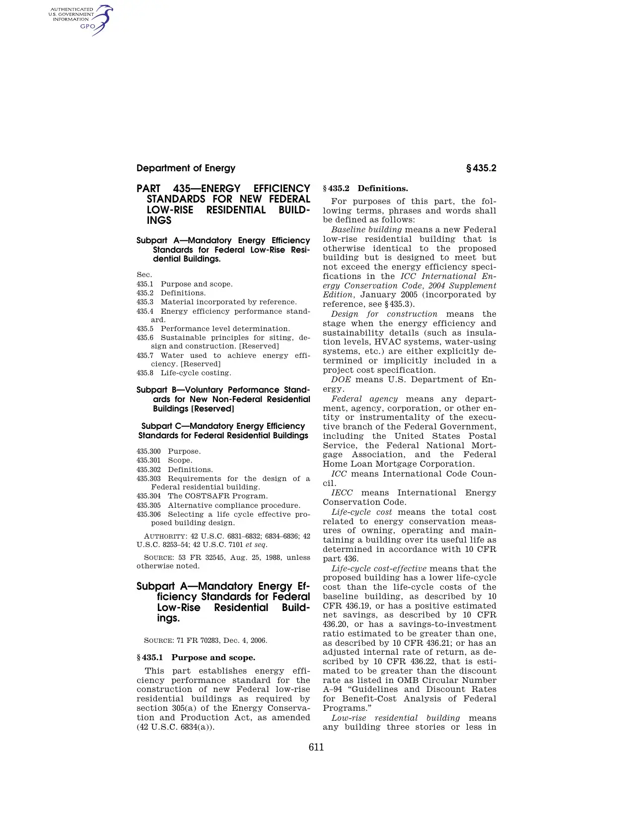 10 CFR Part 435: Energy Efficiency Standards for New Federal Low-Rise Residential Buildings