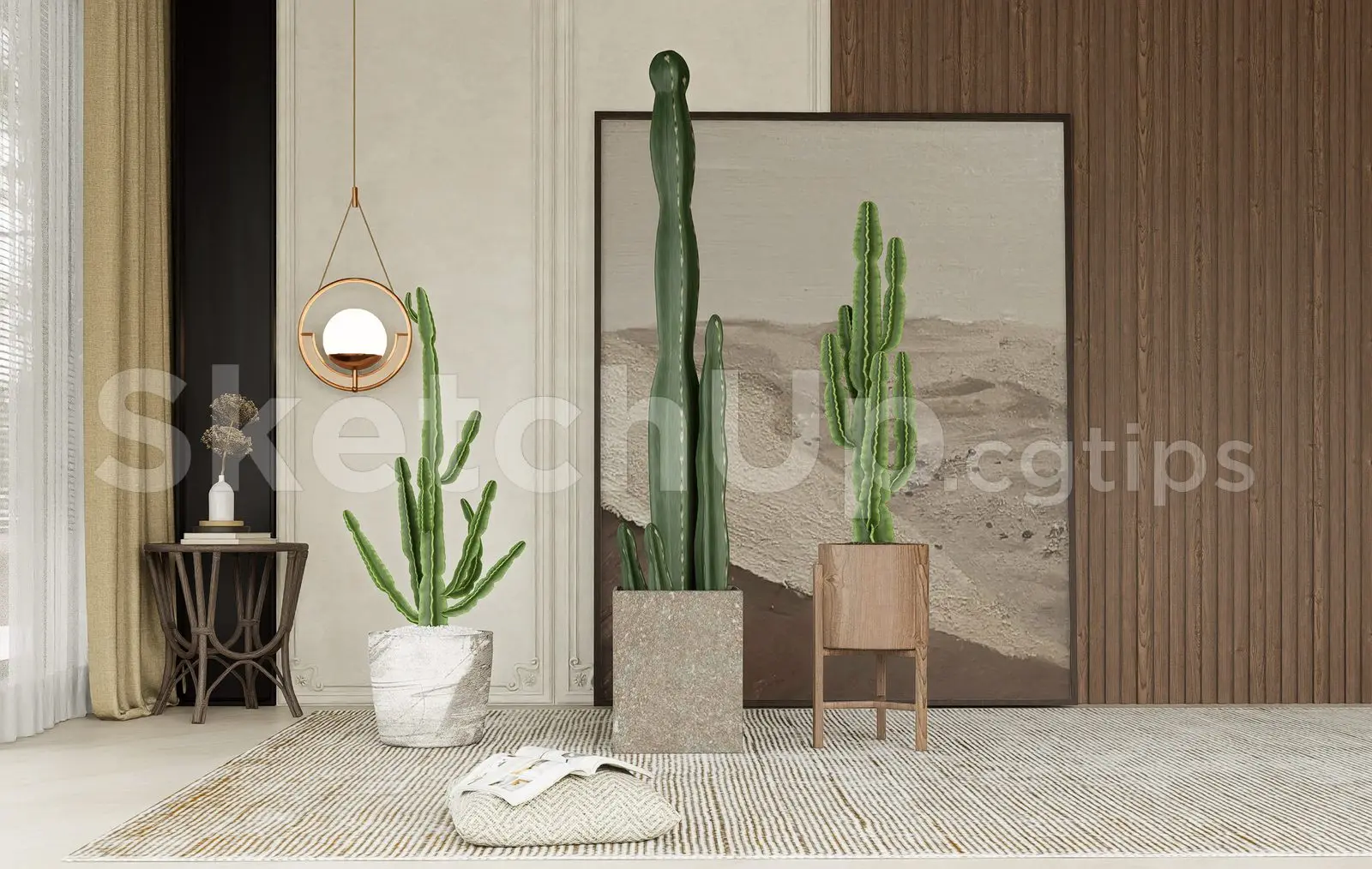 Stylish Interior Scene with Potted Cactus – SketchUp 3D Visualization