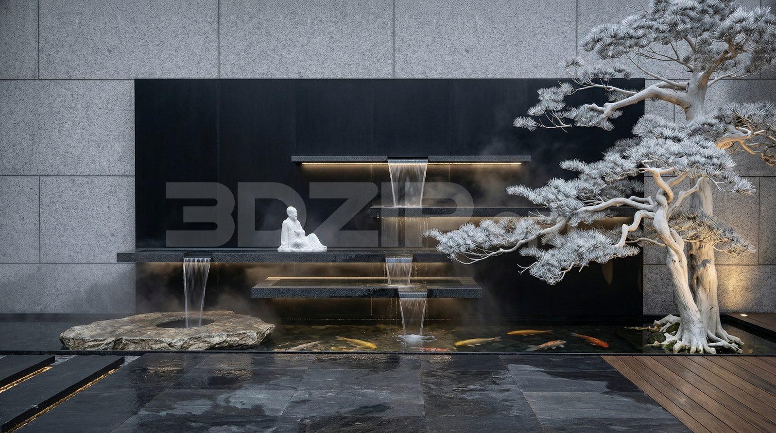 Japanese Zen Courtyard Waterfall with Koi Pond – Landscape