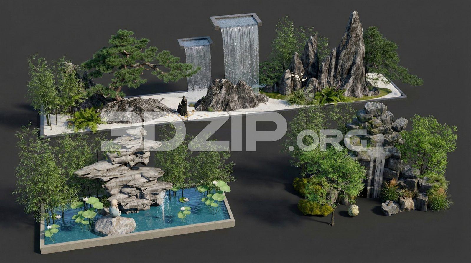 Asian Zen Garden Scene with Waterfall, Stone Mountains & Bonsai Trees Render
