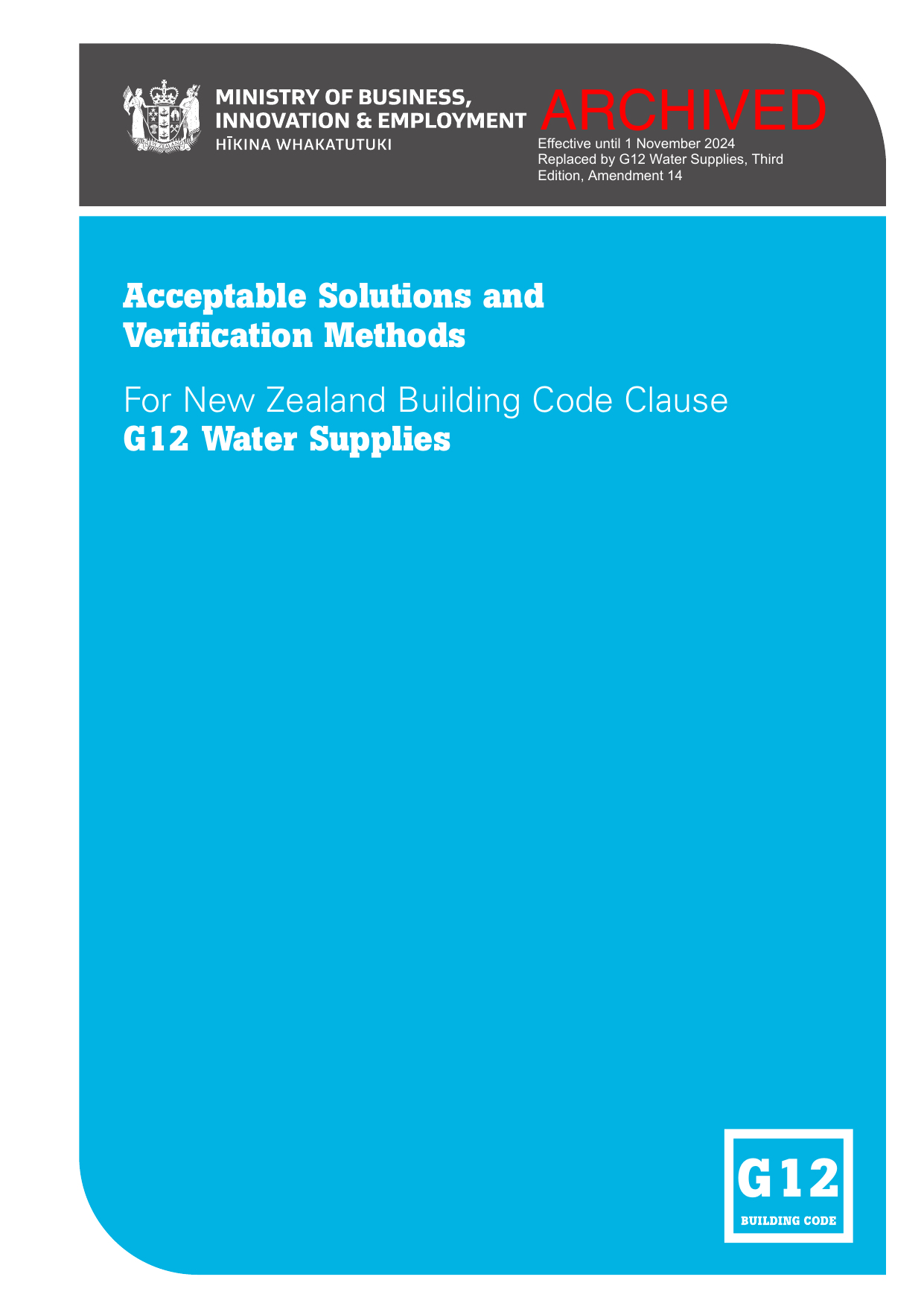 New Zealand Building Code G12 — Water Supplies (Acceptable Solution & Verification Method)
