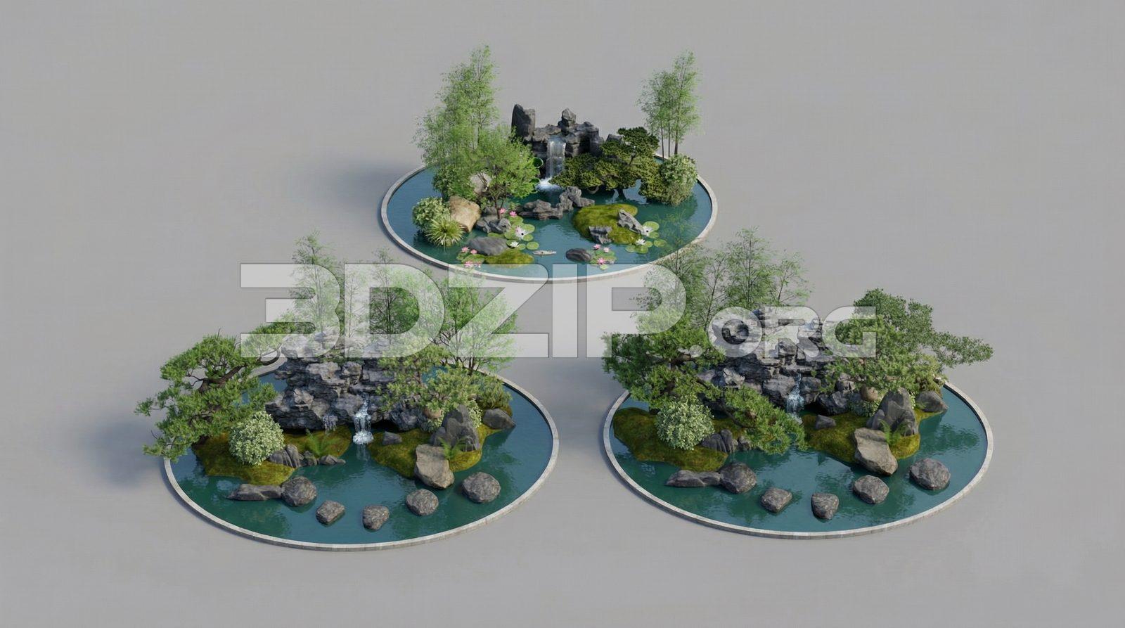 Japanese Pond Garden 3D Model Waterfall, Rocks & Trees Scene