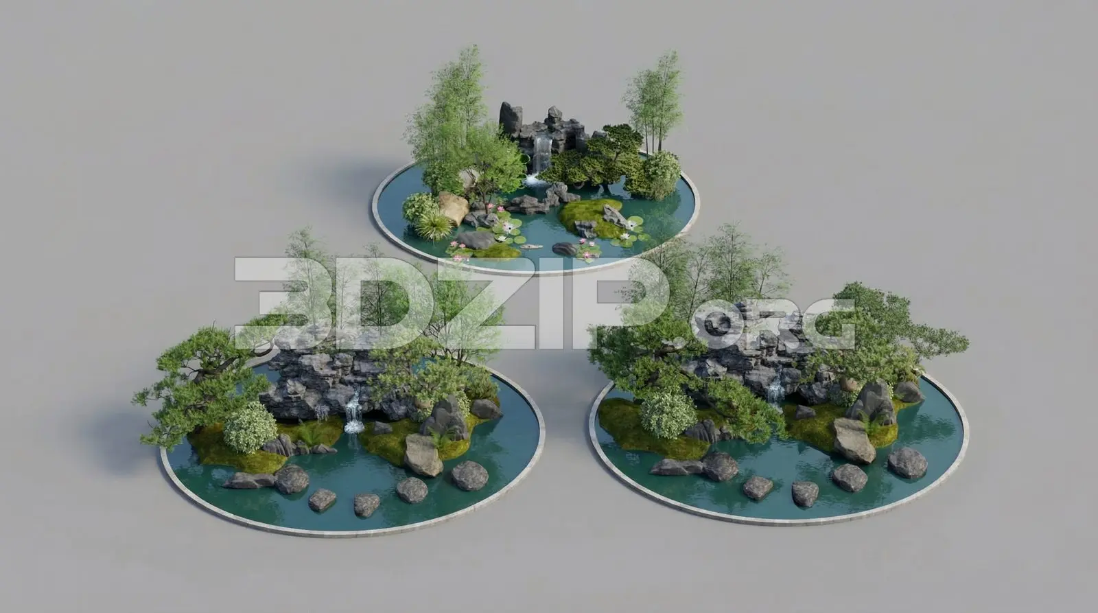 Japanese Pond Garden 3D Model Waterfall, Rocks & Trees Scene