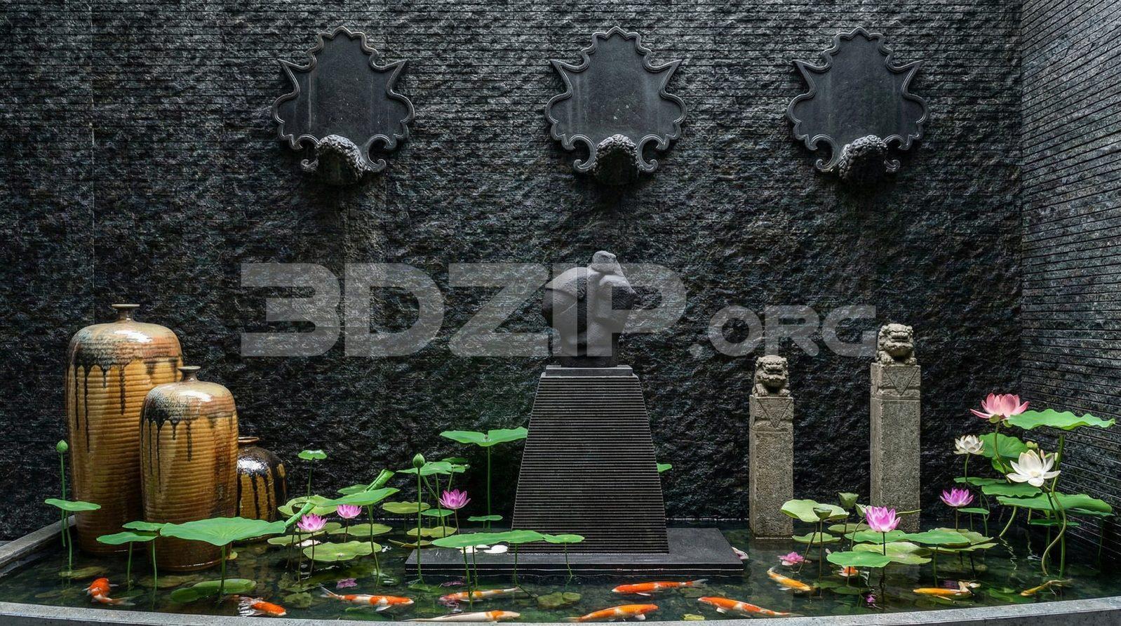 Traditional Zen Garden Pond with Lotus and Koi – Render