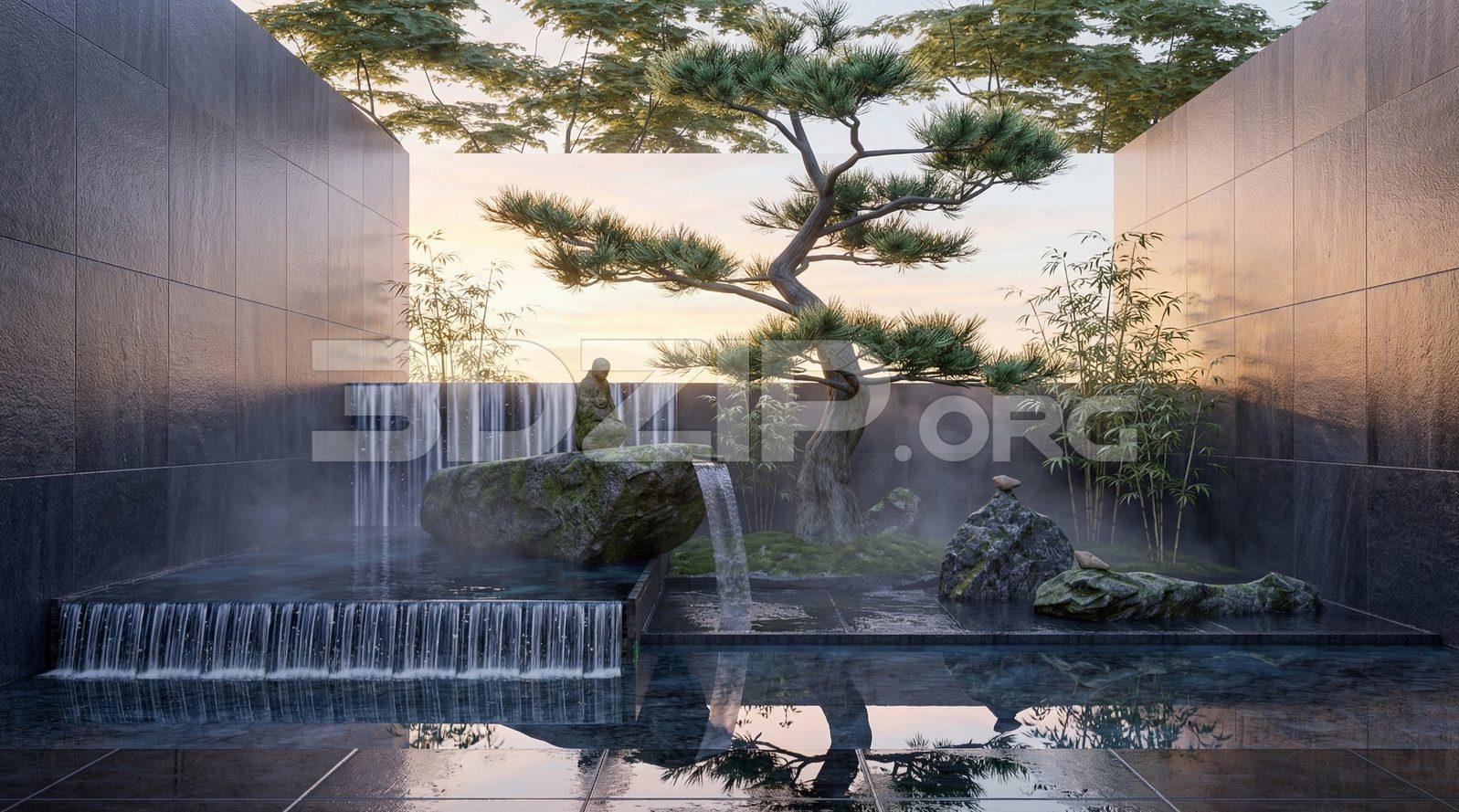 Modern Outdoor Zen Garden with Stone Waterfall and Bonsai Tree – Landscape
