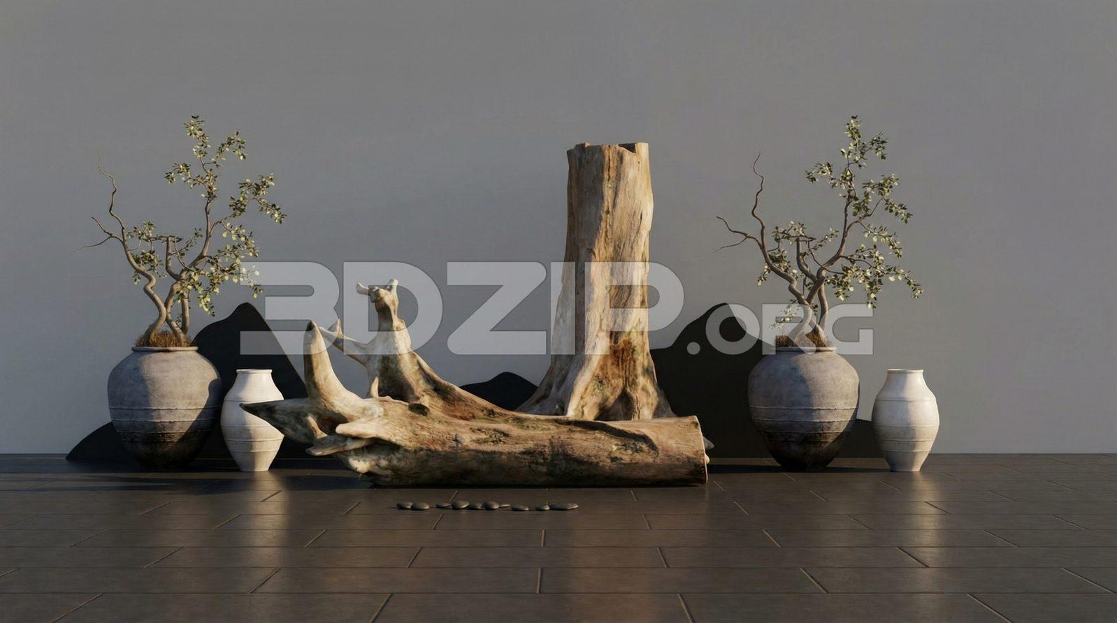 Interior Visualization – Minimal Zen Decor with Wooden Sculpture and Bonsai
