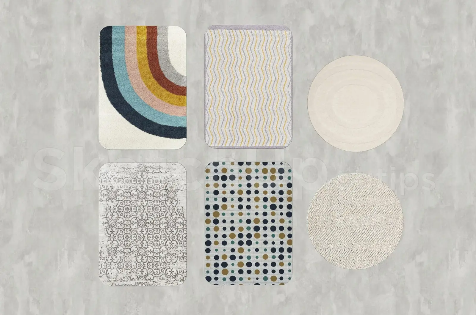 Multicolour Patterned Fabric Rug Set of Six — top view of six assorted rectangular and circular fabric rugs