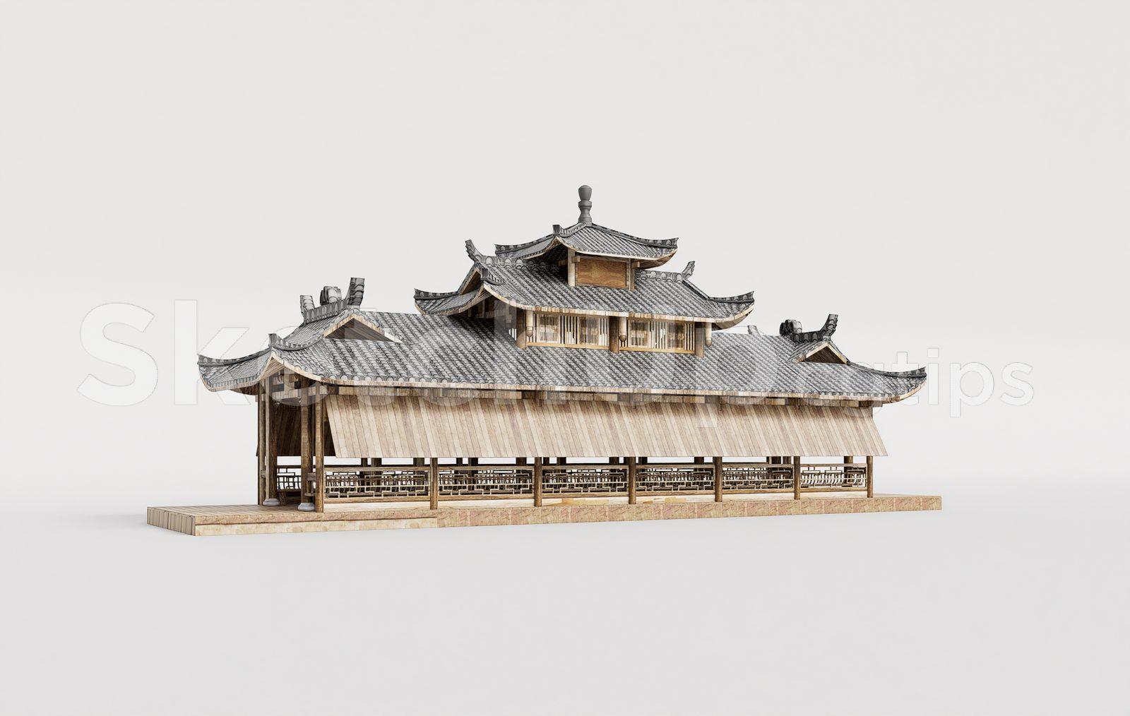 Traditional Asian Wooden Temple SketchUp Model – Ancient Chinese Pavilion Architecture 3D Design