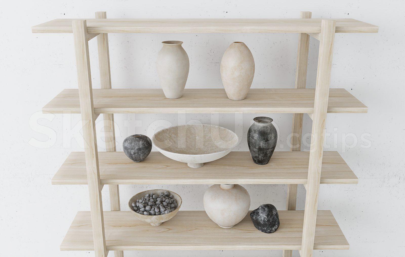 Wooden Display Rack with Decorative Vases