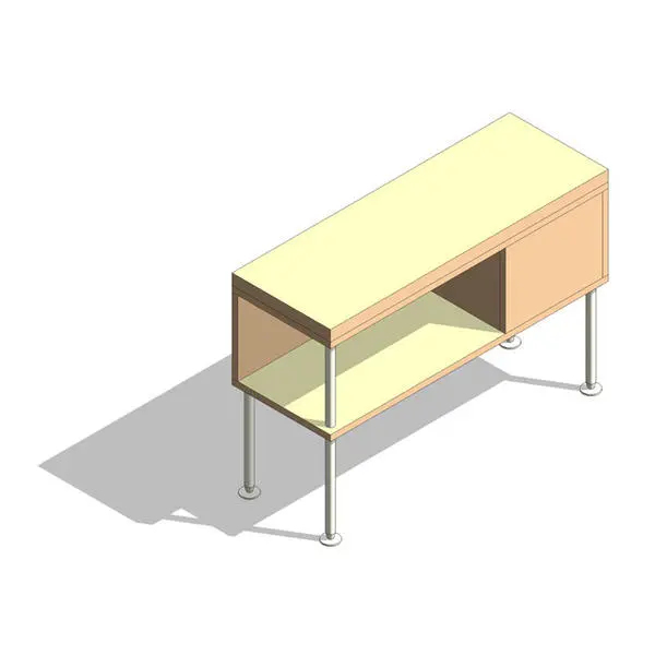 Modern Wood Credenza – Coalesse Sidewalk — axonometric view of elevated modern wood credenza with tubular legs and open compartment