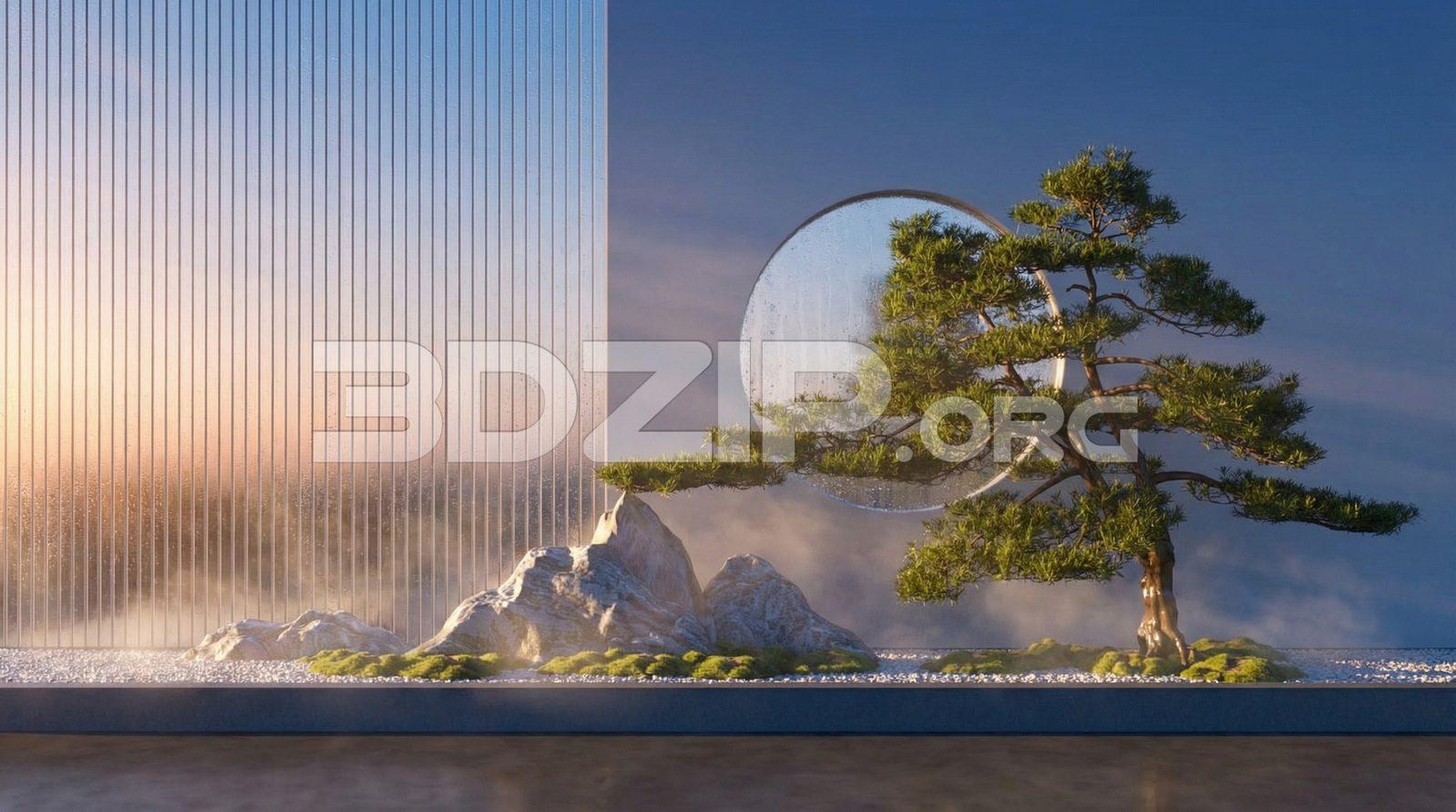 Modern Japanese Zen Garden 3D Model – Minimal Landscape Scene in