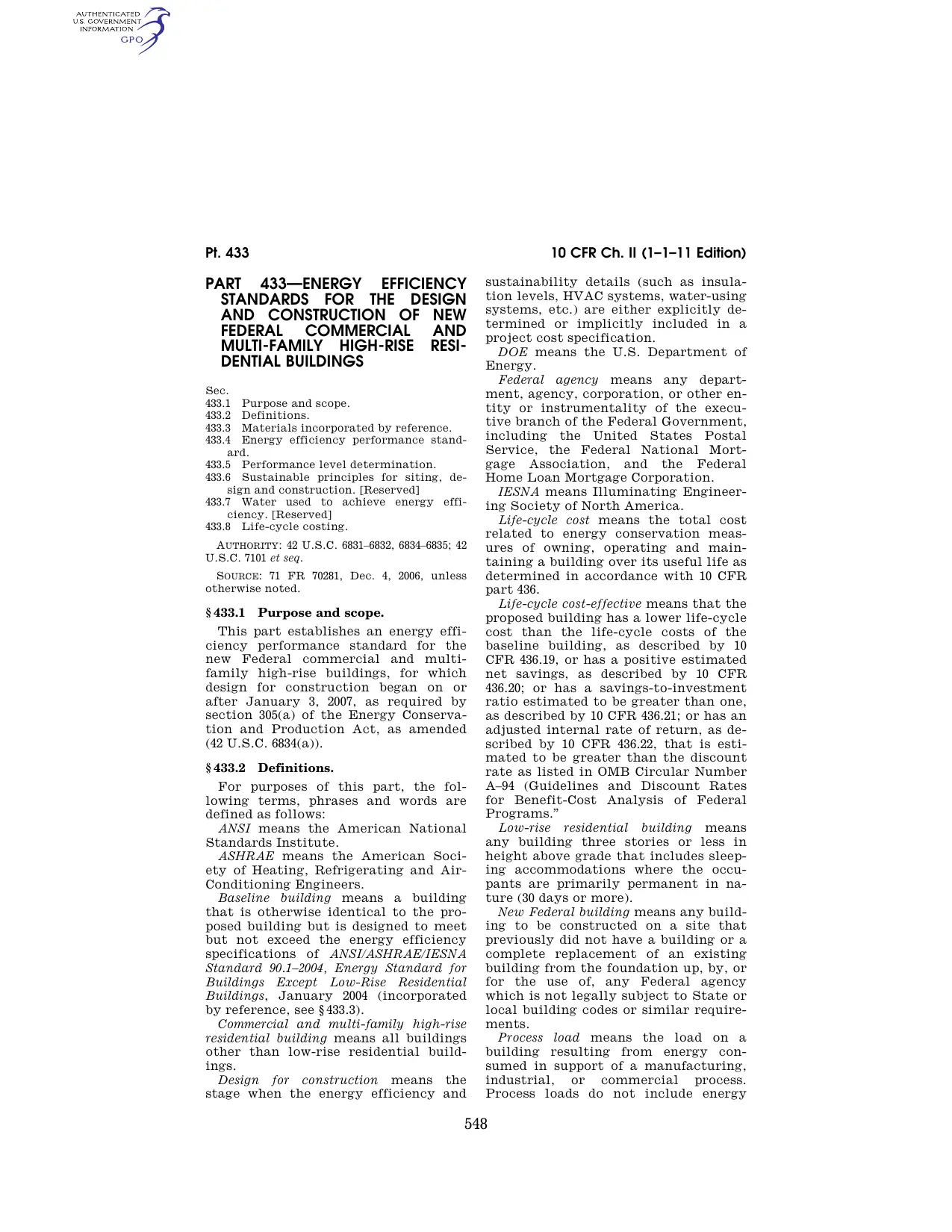 10 CFR Part 433: Energy Efficiency Standards for New Federal Commercial and High-Rise Residential Buildings — preview 1