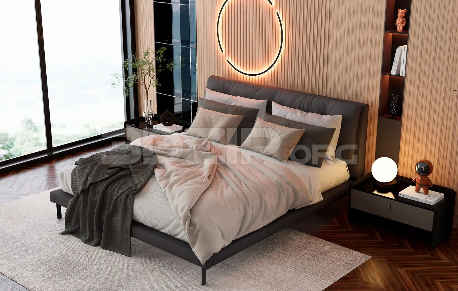 Modern Grey Fabric King Bed Bedroom Scene — high-angle view of a modern bedroom with a grey fabric bed