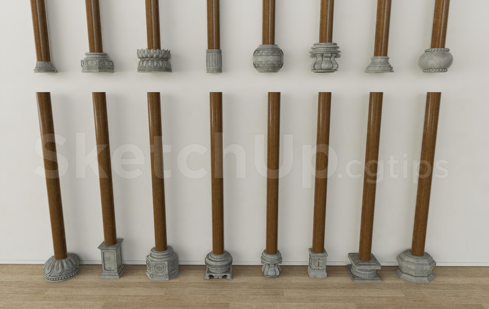 Decorative Wood Columns with Carved Stone Bases