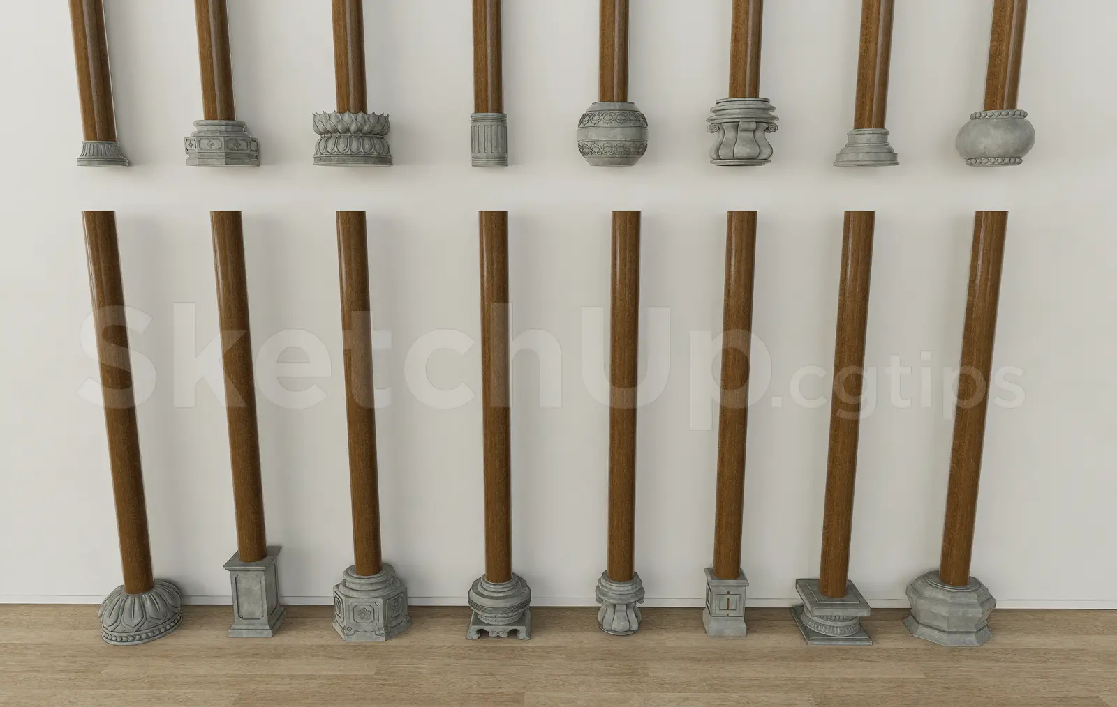 Decorative Wood Columns with Carved Stone Bases