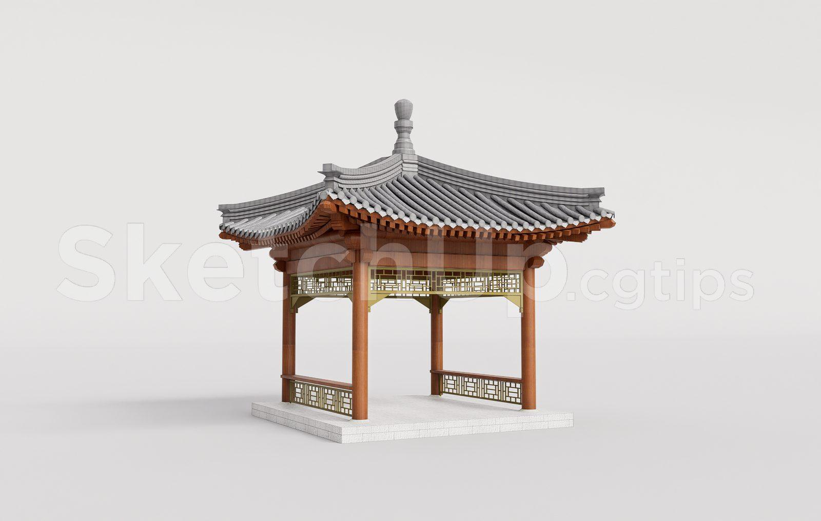 Traditional Wooden Pavilion with Tiled Roof