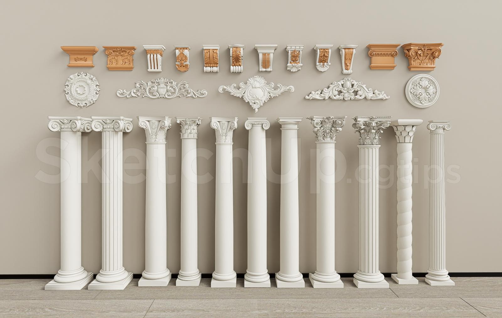 Classic European Pillars and Decorative Wall Reliefs