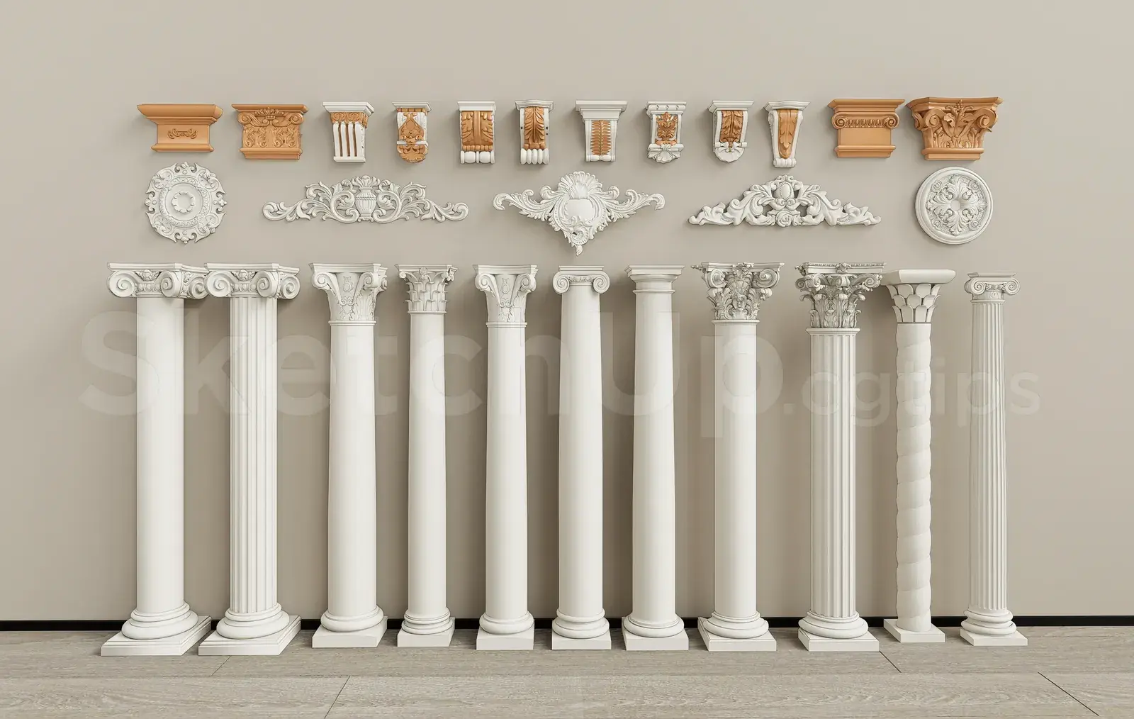 Classic European Pillars and Decorative Wall Reliefs