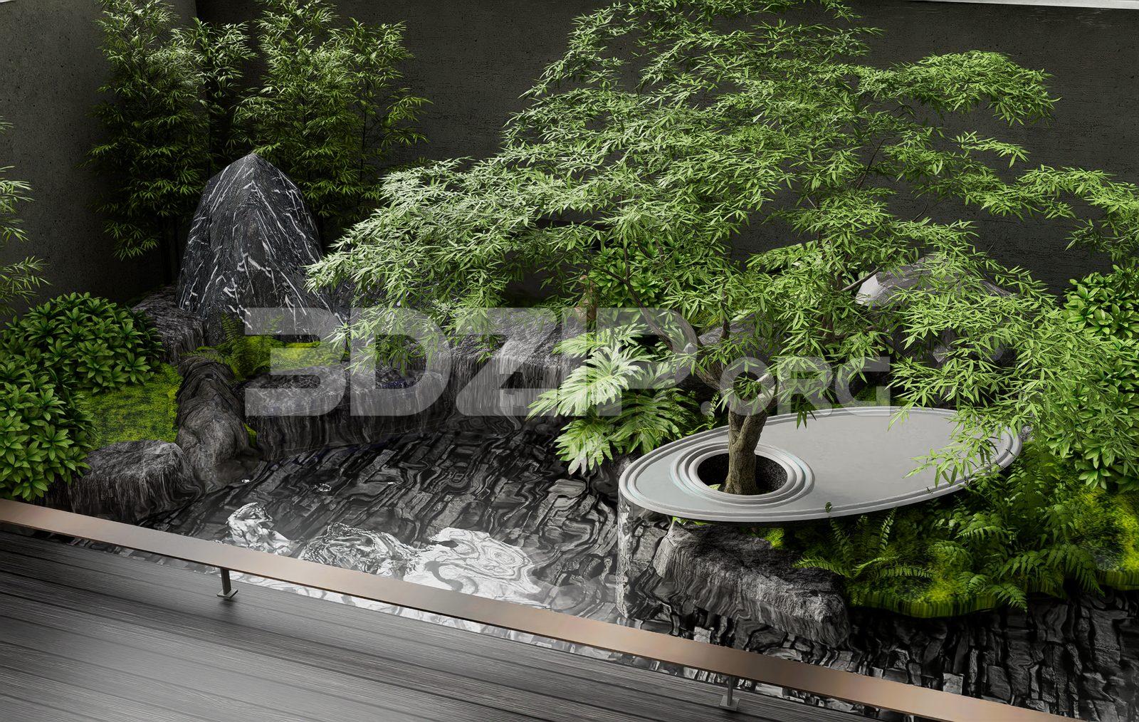 Japanese Landscape – Artistic Waterfall, Pond Reflection & Greenery
