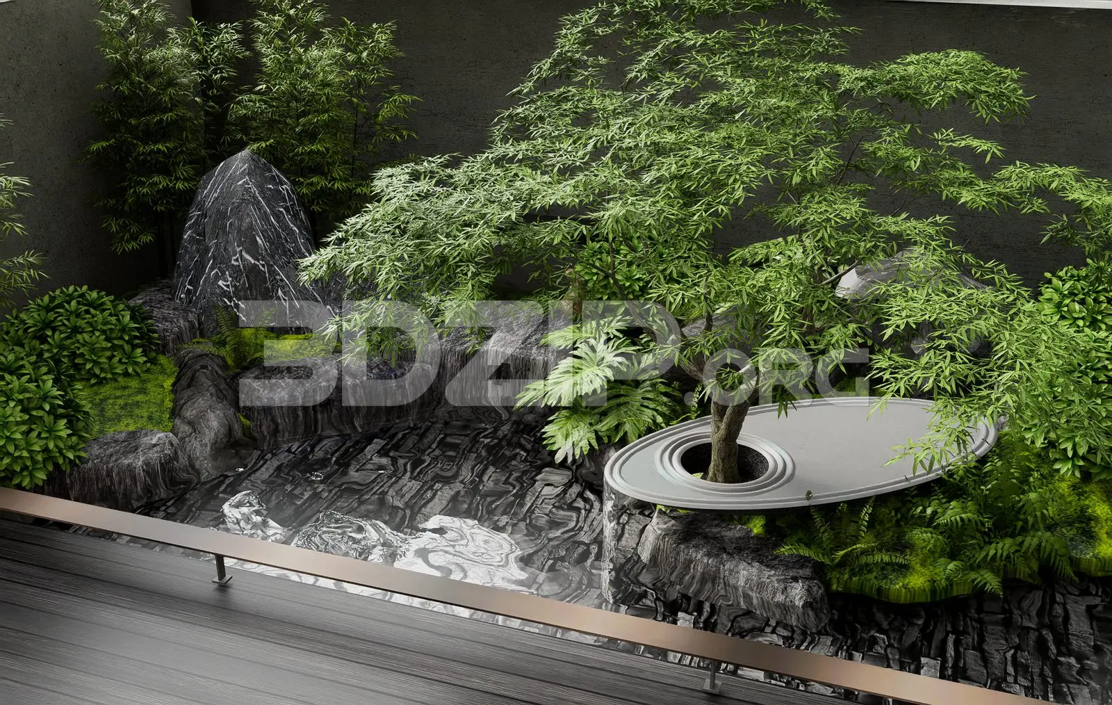 Japanese Landscape – Artistic Waterfall, Pond Reflection & Greenery