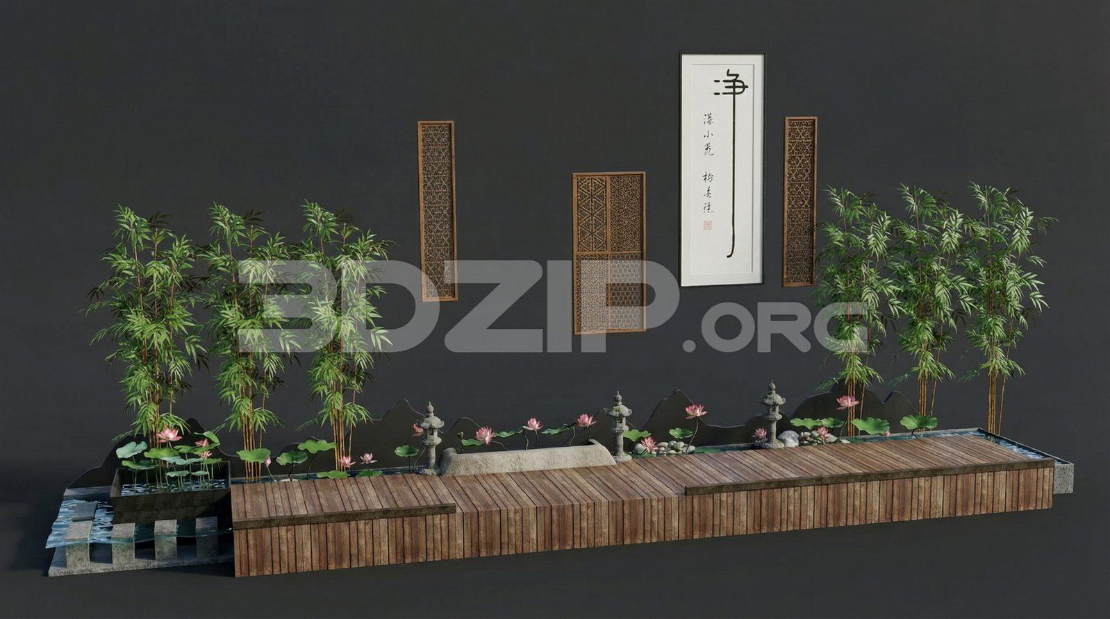 Japanese Style Relaxation Space with Lotus Pond Interior Render