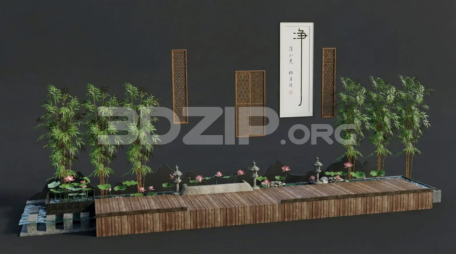 Japanese Style Relaxation Space with Lotus Pond Interior Render — preview 1 (3dzip)