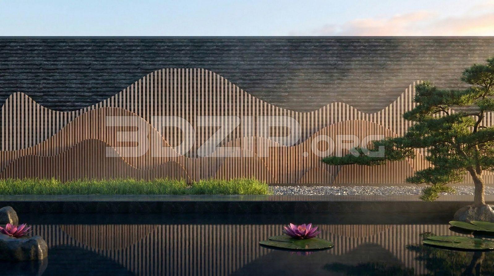 ArchViz Realistic Wooden Slats Mountain Wall Design