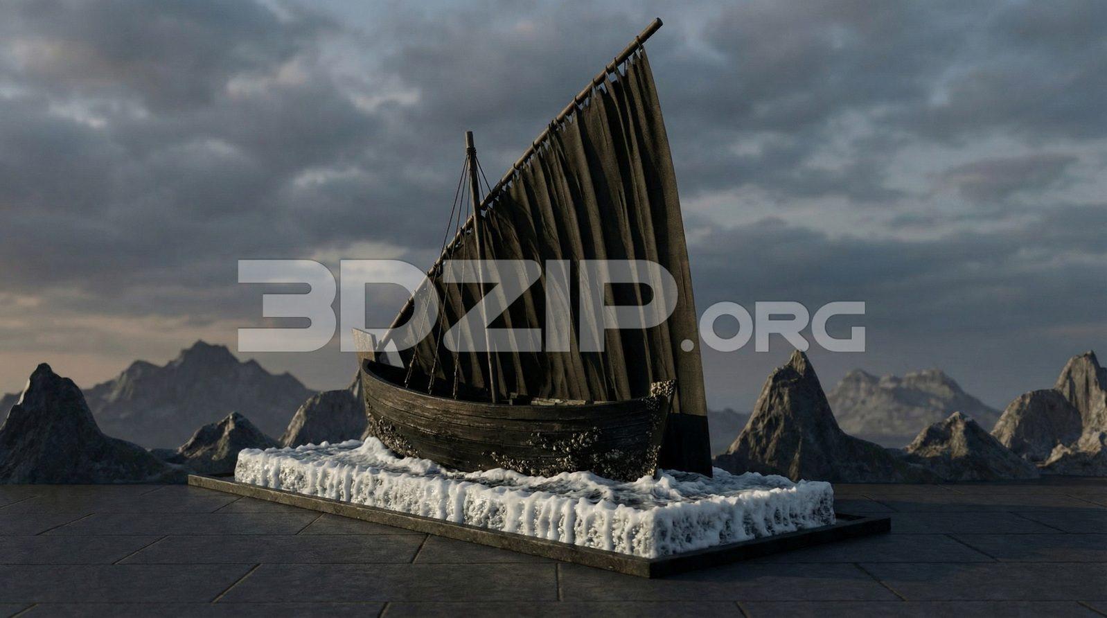 Viking Boat Model Cinematic Sea Environment with Stormy Sky and Rocks