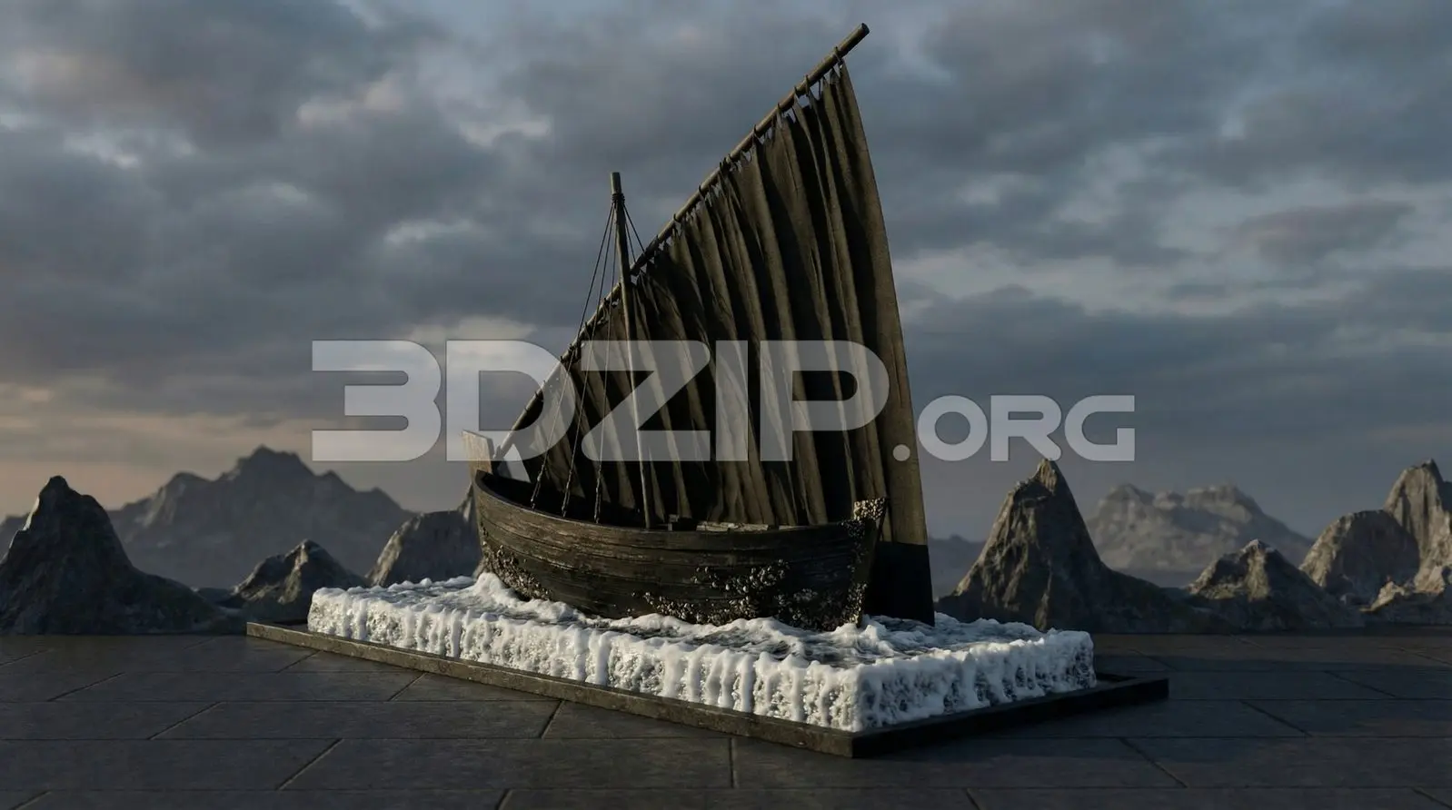 Viking Boat Model Cinematic Sea Environment with Stormy Sky and Rocks