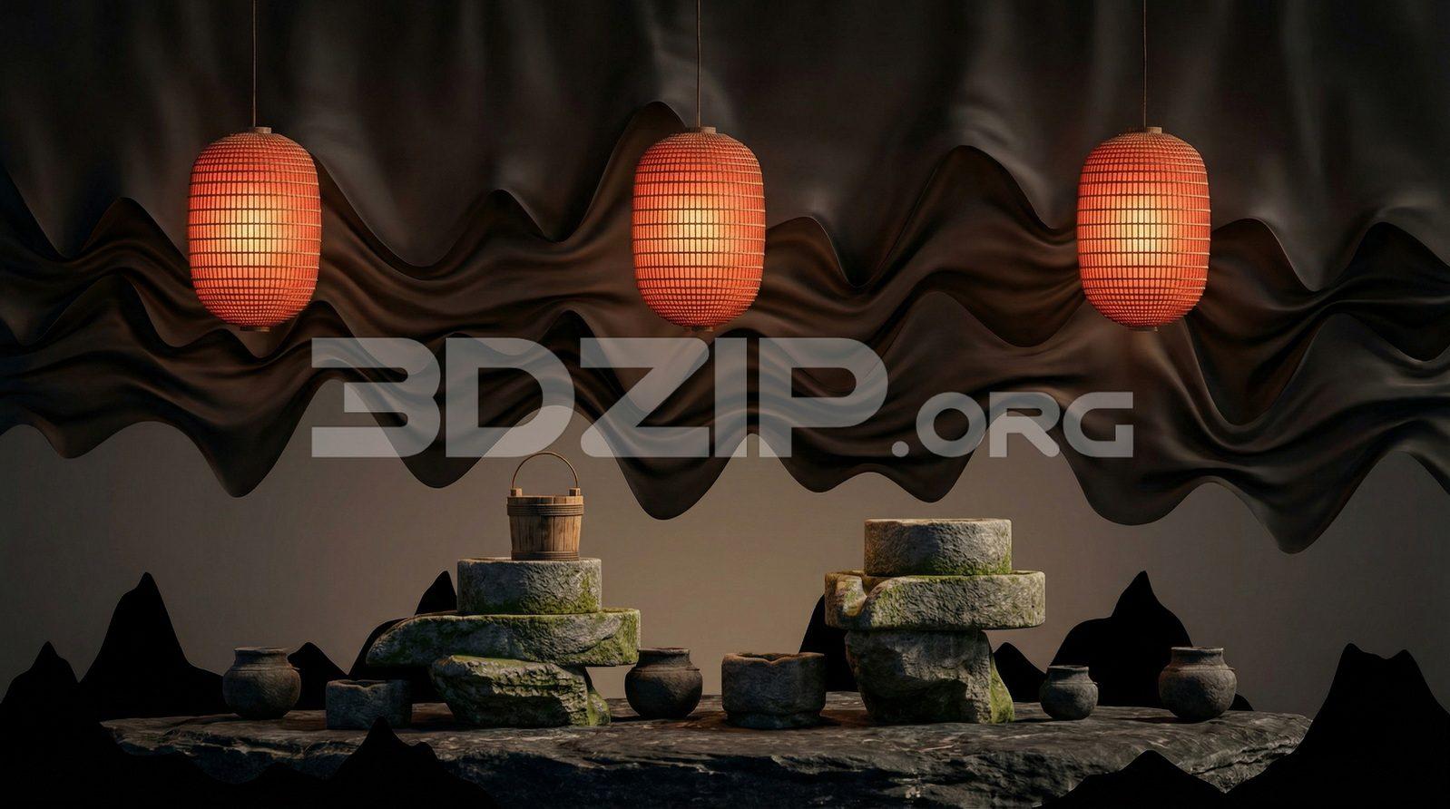 Japanese-Inspired Scene with Red Lantern Lighting Visualization