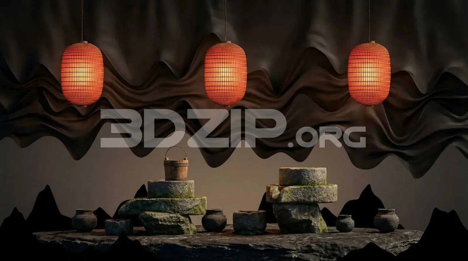 Japanese-Inspired Scene with Red Lantern Lighting Visualization