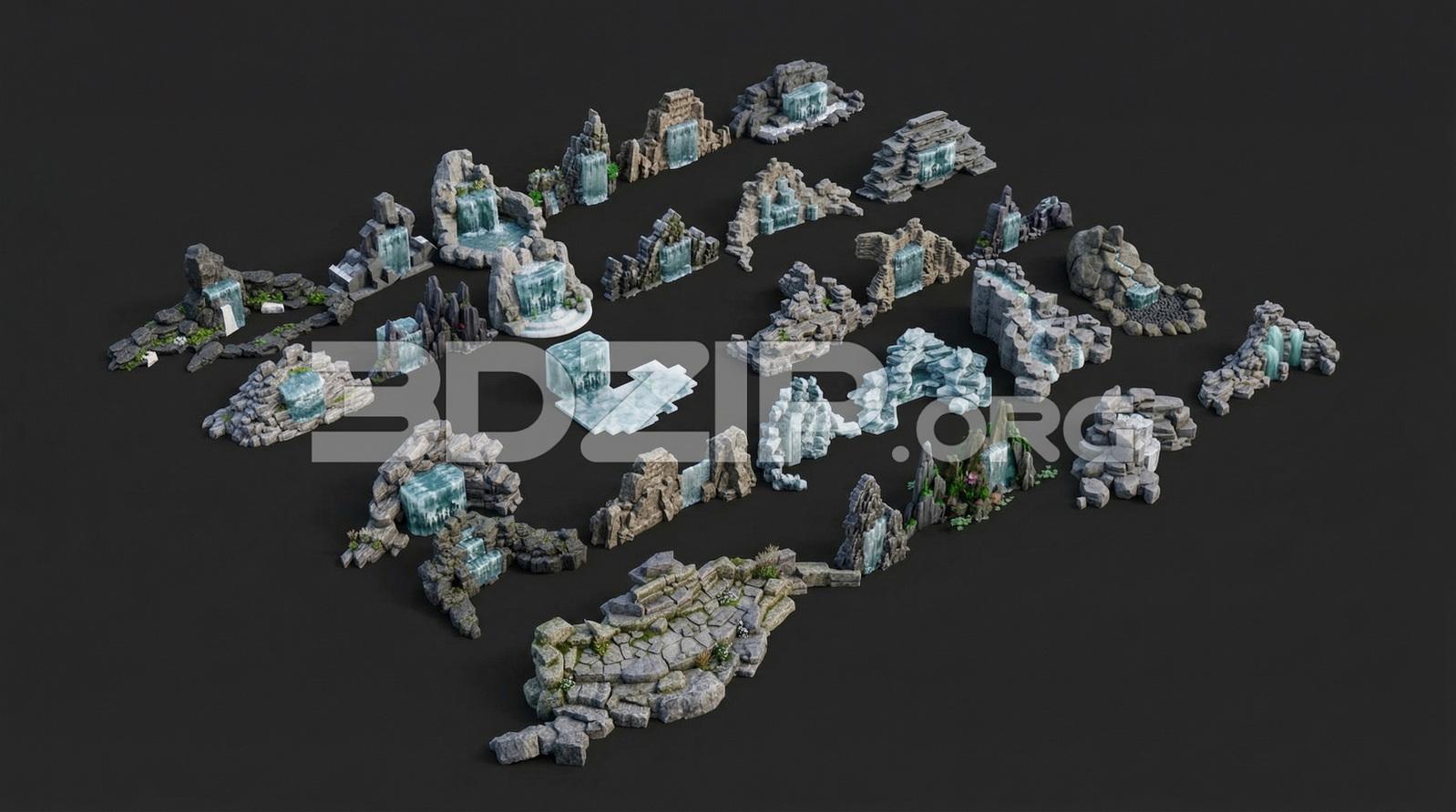 Fantasy Waterfall Rocks Asset Pack Environment Kitbash Set