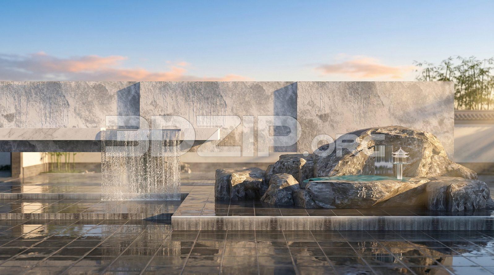 Modern Zen Stone Fountain Courtyard – Free Landscape