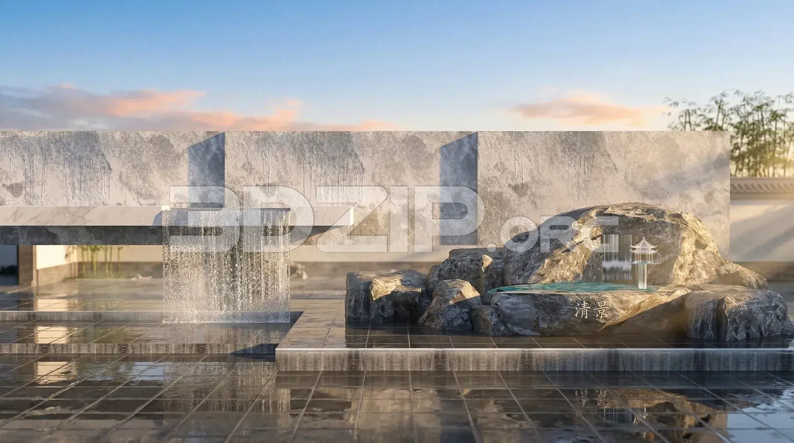 Modern Zen Stone Fountain Courtyard – Free Landscape
