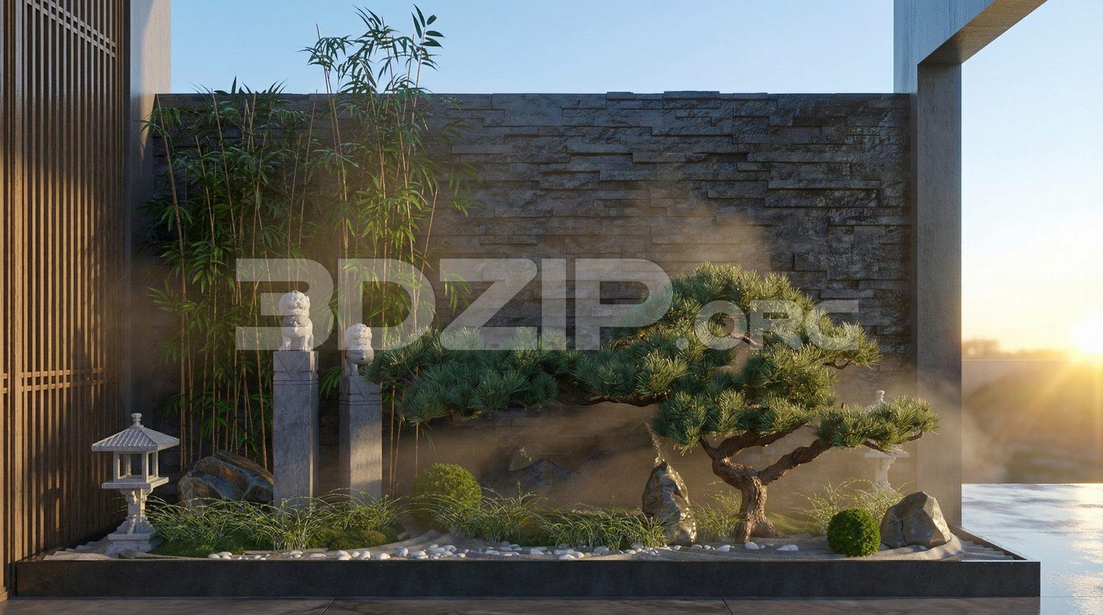 Japanese Style Courtyard Garden with Bonsai Pine and Stone Lantern — preview 1 (3dzip)