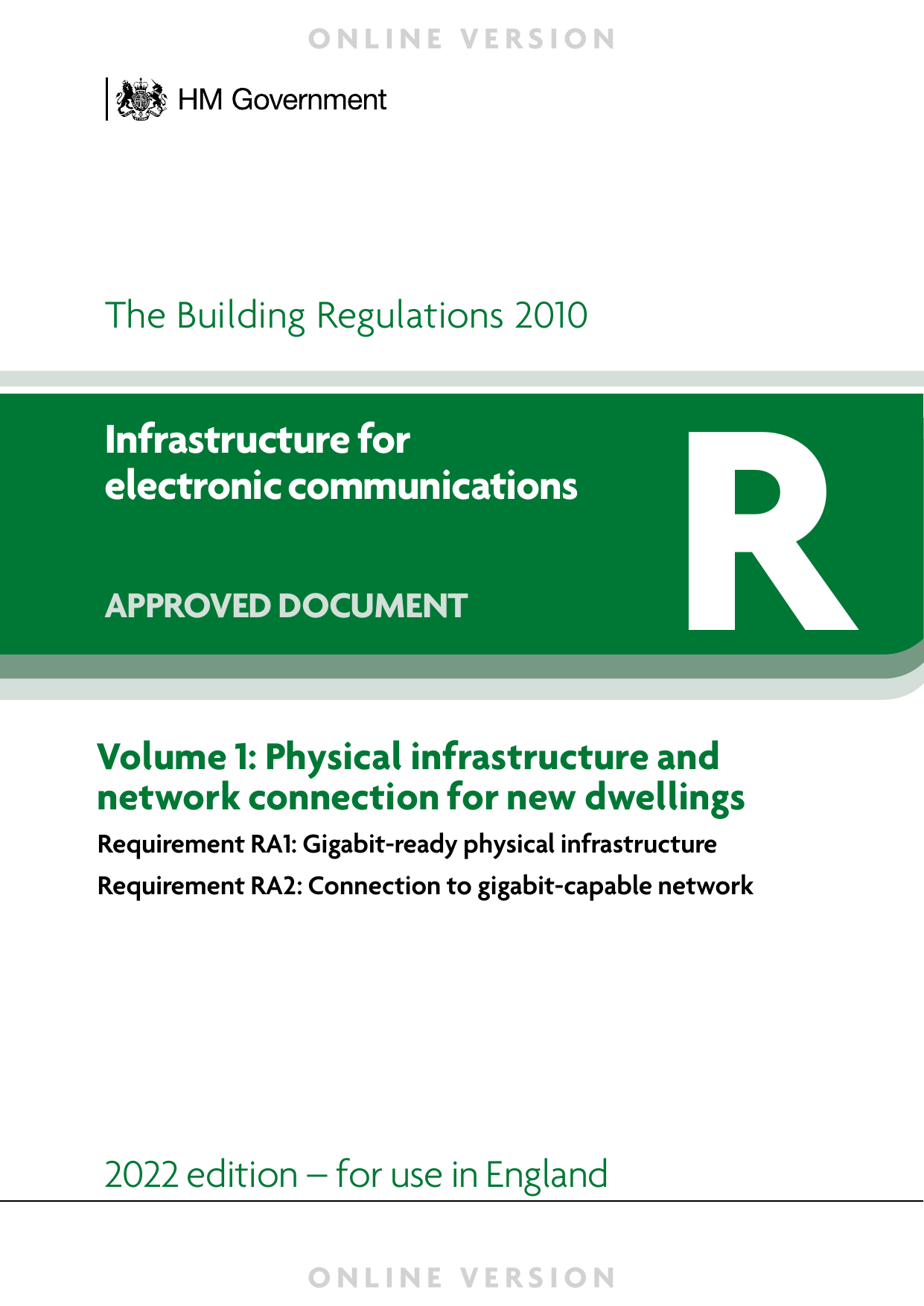Approved Document R: Infrastructure for electronic communications — Volume 1