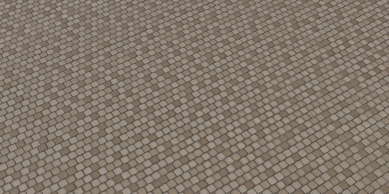 Beige Rounded Square Ceramic Mosaic Tile Texture — close-up perspective of a beige rounded square ceramic mosaic tile texture