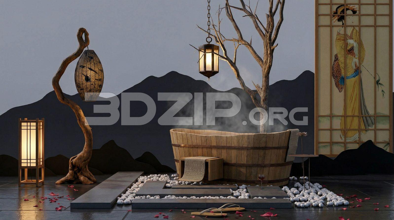 Zen Garden Bathroom Render Wooden Tub & Ambient Lighting